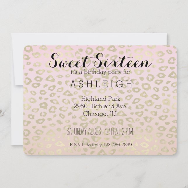 Pink Ombre Gold Leopard Print Sweet Sixteen Invitation (Front)