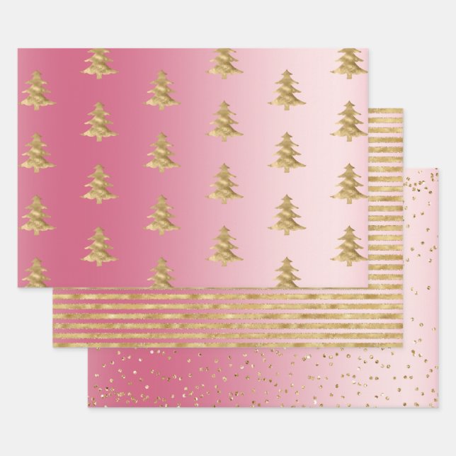 Pink Ombre Gold Stripes Christmas Trees Confetti  Wrapping Paper Sheet (Set)