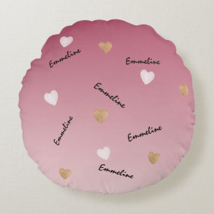 Pink Ombre Gold White Hearts Personalised Name Round Cushion