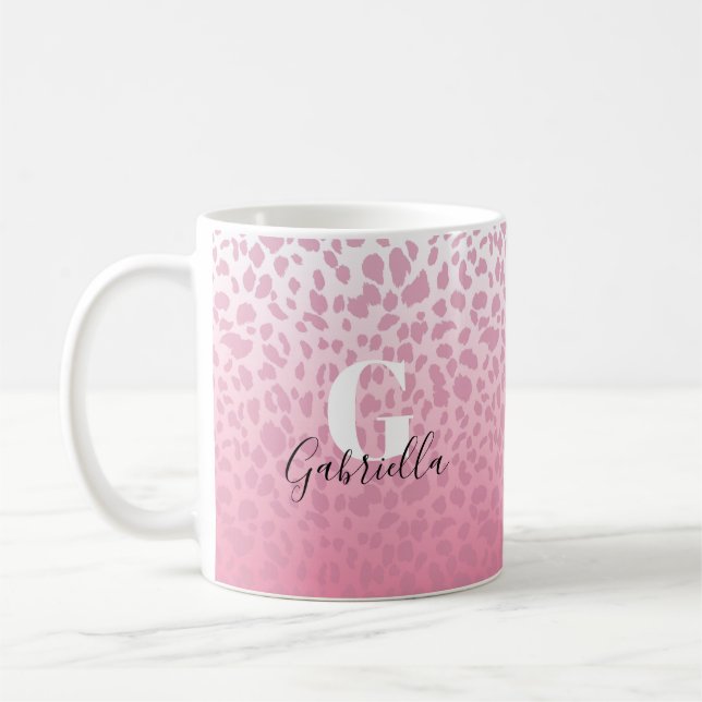 Pink Ombre Leopard Pattern Custom Monogram & Name Coffee Mug (Left)