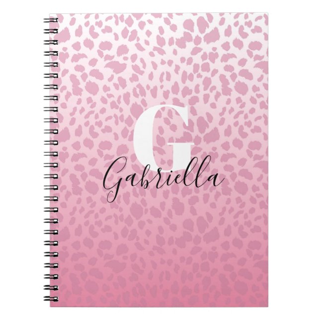 Pink Ombre Leopard Pattern Custom Monogram & Name Notebook (Front)