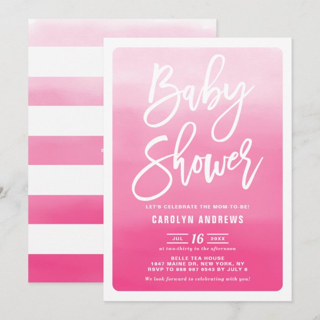 Pink Ombre Modern Calligraphy Baby Shower Invitation (Front/Back)