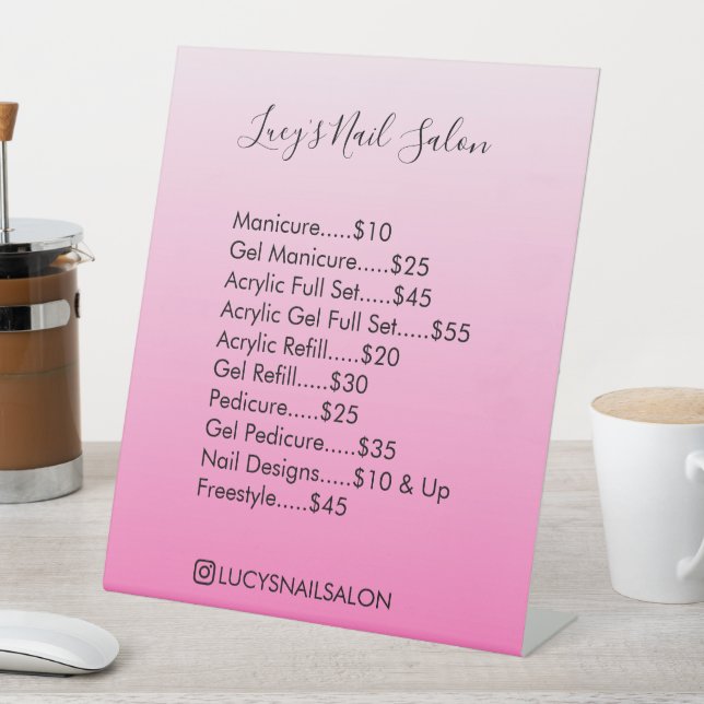 Pink Ombre Nail Salon Price List Pedestal Sign (In SItu)