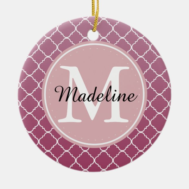 Pink Ombre Quatrefoil Monogram Ceramic Tree Decoration (Front)