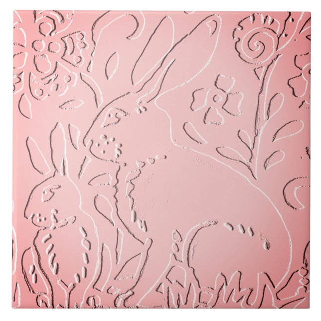 Pink Ombre Rabbit Woodland Embossed Floral Nature Tile (Front)