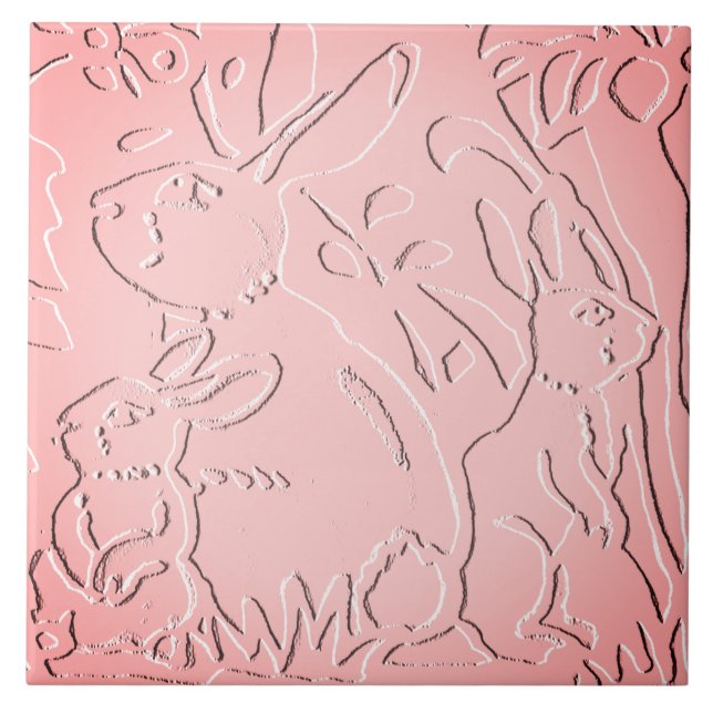 Pink Ombre Rabbit Woodland Embossed Floral Nature Tile (Front)