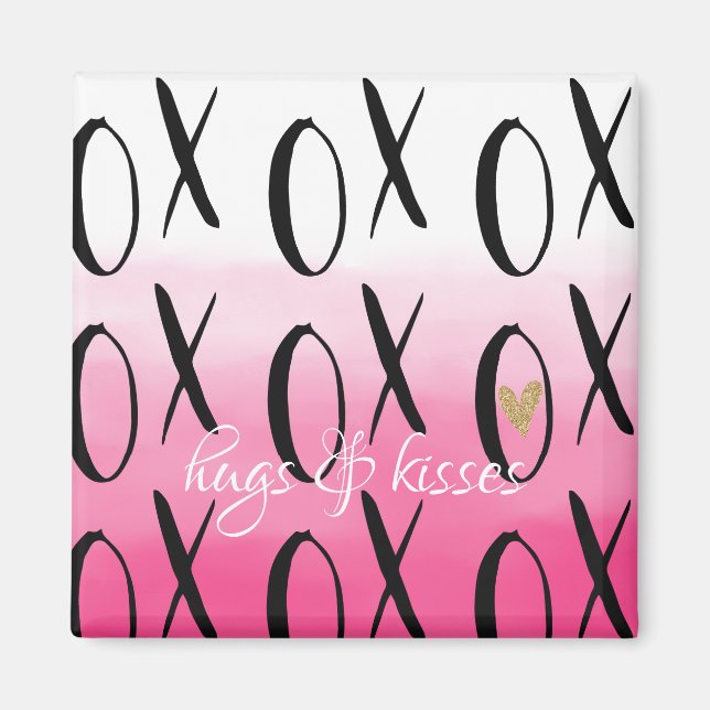 Pink Ombre Watercolor Black XOXO Heart Magnet (Front)