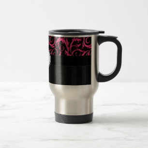 Pink on Black Floral Wisps, Stripes with Monogram Travel Mug