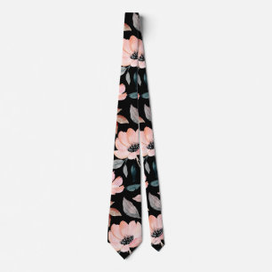 Pink on Black Greenery Watercolor Floral Pattern Tie