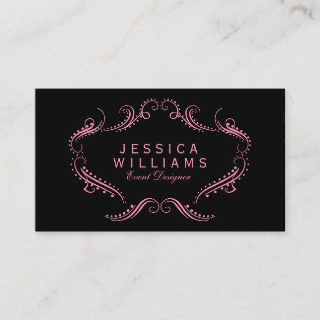 Pink On Black Ornate Floral Frame Business Card (Front)