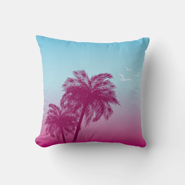 Pink On Blue Palm Tree Silhouettes Tropical Summer Cushion (Front)