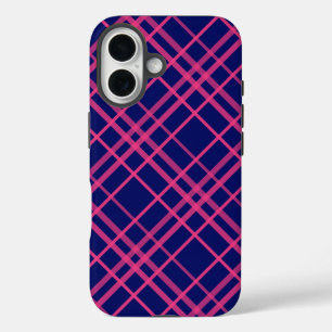Pink On Blue Plaid Lines Design iPhone 16 Case