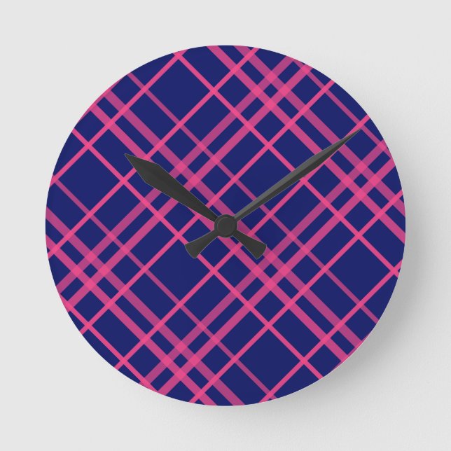 Pink On Blue Plaid Lines Design  Round Clock (Front)