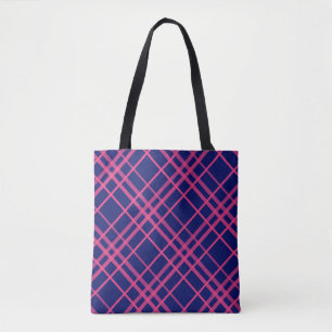 Pink On Blue Plaid Lines Design Tote Bag