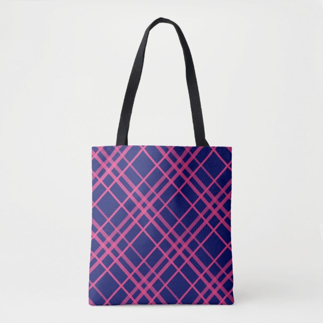 Pink On Blue Plaid Lines Design  Tote Bag (Front)