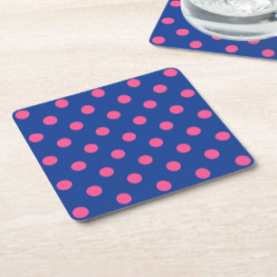 Pink On Blue Polka Dots Pattern Design Square Paper Coaster