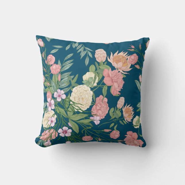 Pink on Blue Teal Spring Flower Show Pillow 16x16 (Front)