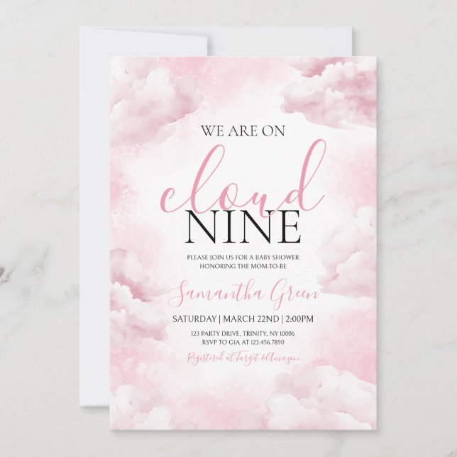 Pink On Cloud 9 Baby Shower Invitation (Front)