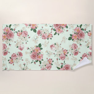 Pink on Green Vintage Floral Beach Towel