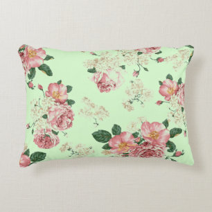 Pink on Green Vintage Floral Decorative Cushion