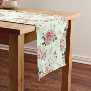 Pink on Green Vintage Floral Long Table Runner