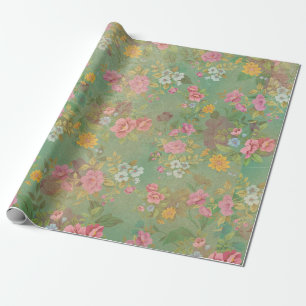 Pink on Green Vintage Wrapping Paper