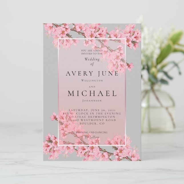 Pink on grey cherry blossom wedding invitation (Standing Front)