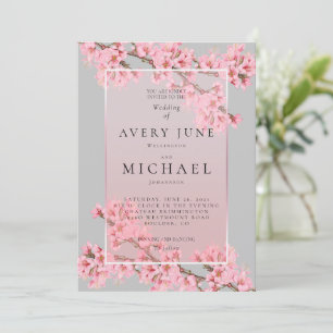 Pink on grey cherry blossom wedding invitation