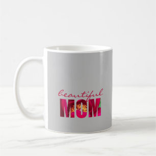 Pink on Grey Floral "Beautiful Mum" Custom Note Coffee Mug
