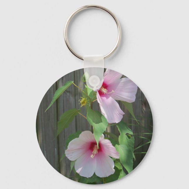 Pink on pink duo of hibiscus flowers key ring (Front)