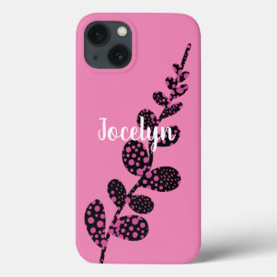 pink on pink polka dot leaves add your own text iPhone 13 case