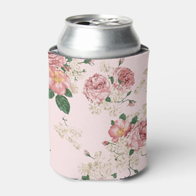 Pink on Pink Vintage Floral  Can Cooler (Can Front)