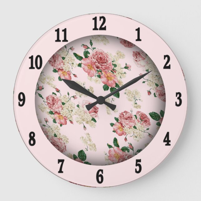 Pink on Pink Vintage Floral  Large Clock (Front)