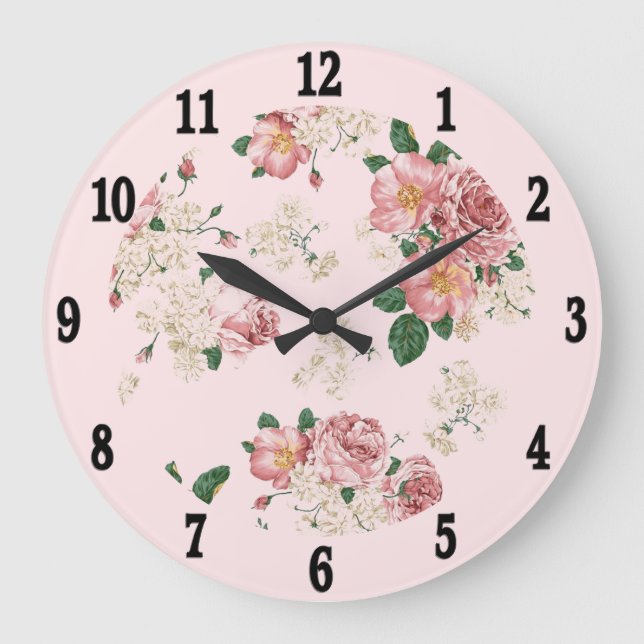 Pink on Pink Vintage Floral  Large Clock (Front)