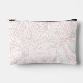 Pink on White Chrysanthemums with Name Accessory Pouch