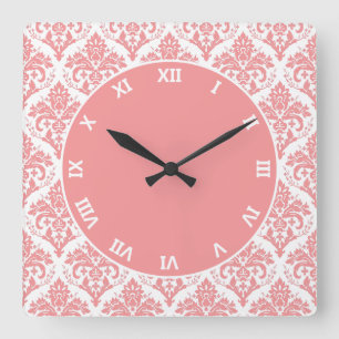 Pink on White Damask Square Wall Clock