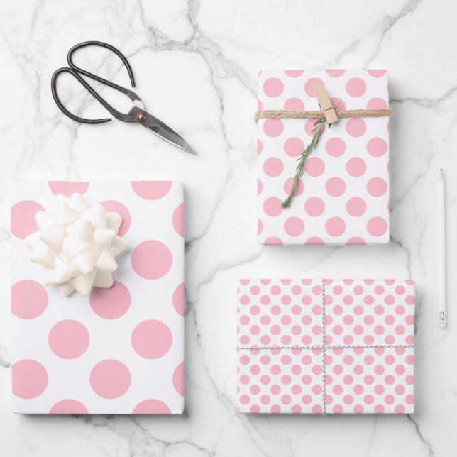 Pink on White Different Sizes Polka Dots Wrapping Paper Sheet (Front)