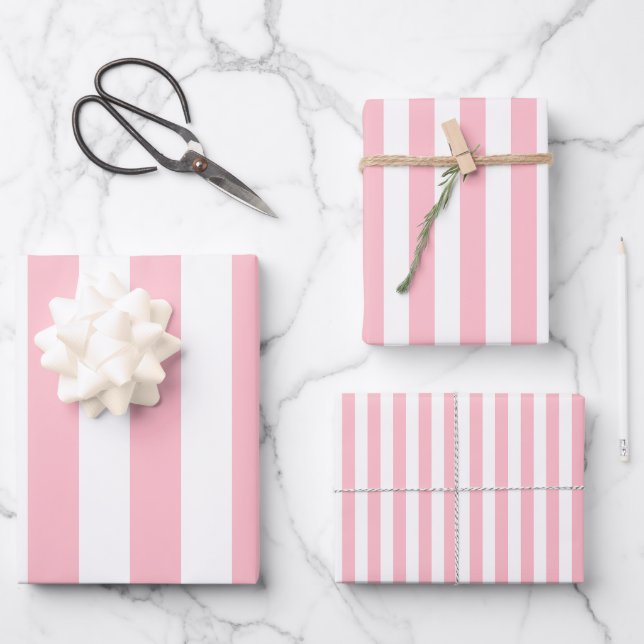 Pink on White Different Sizes Vertical Stripes Wrapping Paper Sheet (Front)