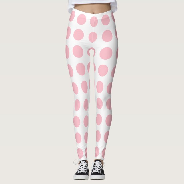 Pink on White Large Size Horizontal Polka Dots Leggings (Front)