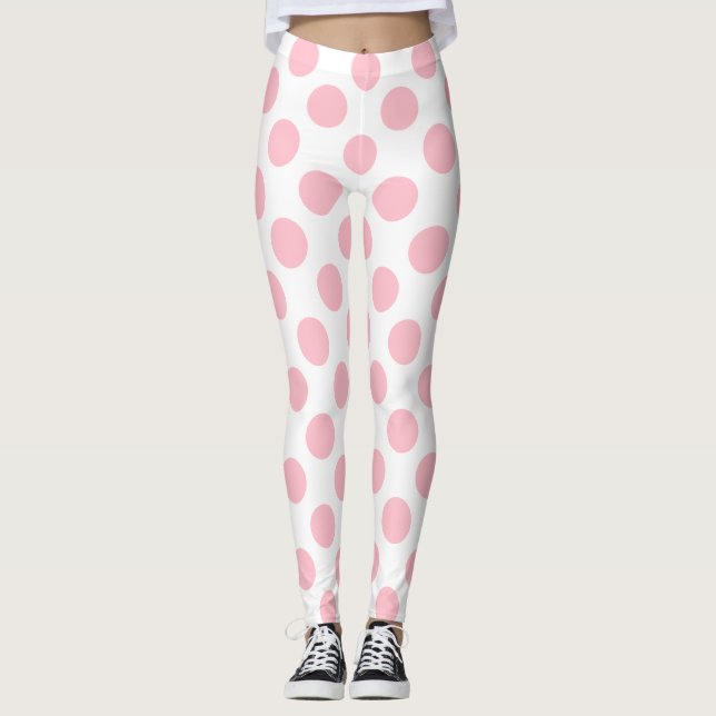 Pink on White Large Size Polka Dots Leggings (Front)