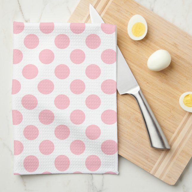 Pink on White Large Size Polka Dots Tea Towel (Quarter Fold)
