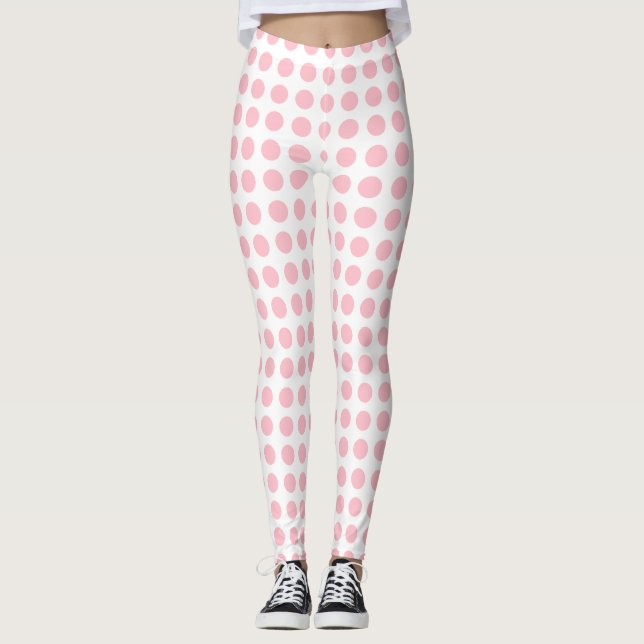 Pink on White Medium Size Horizontal Polka Dots Leggings (Front)