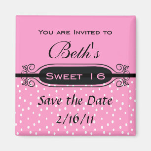 Pink on White Polka Dot Sweet 16 Party Invitation Magnet