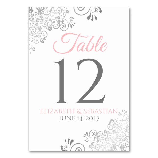 Pink on White Silver Filigree Simple Chic Wedding Table Number (Front)