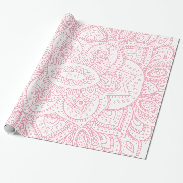 Pink On White Tribal Mandala Wrapping Paper (Unrolled)