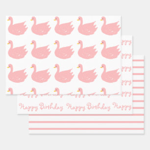 Pink on white Wrapping Paper Flat Sheet Set of 3