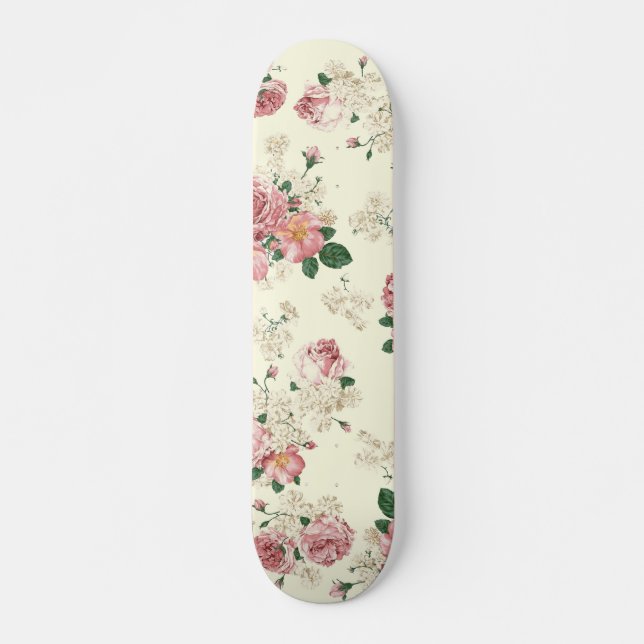 Pink on Yellow Vintage Floral  Skateboard (Front)