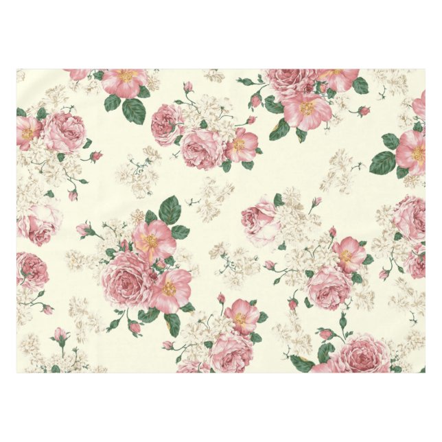 Pink on Yellow Vintage Floral  Tablecloth (Front (Horizontal))