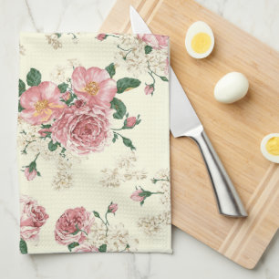 Pink on Yellow Vintage Floral Tea Towel