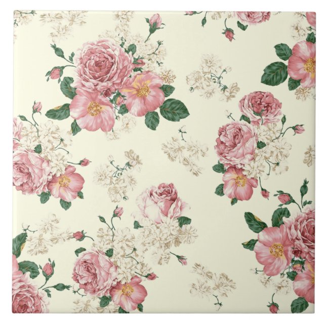 Pink on Yellow Vintage Floral  Tile (Front)